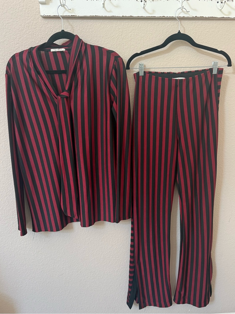 ZARA Trafaluc Burgundy Black Stripe Matching Set Tie Neck Top Flare Pants S